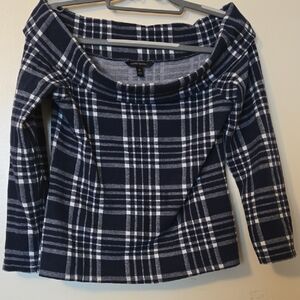 Banana Republic Classic Chic Blue and White Plaid Off-Shoulder Top Sz M
